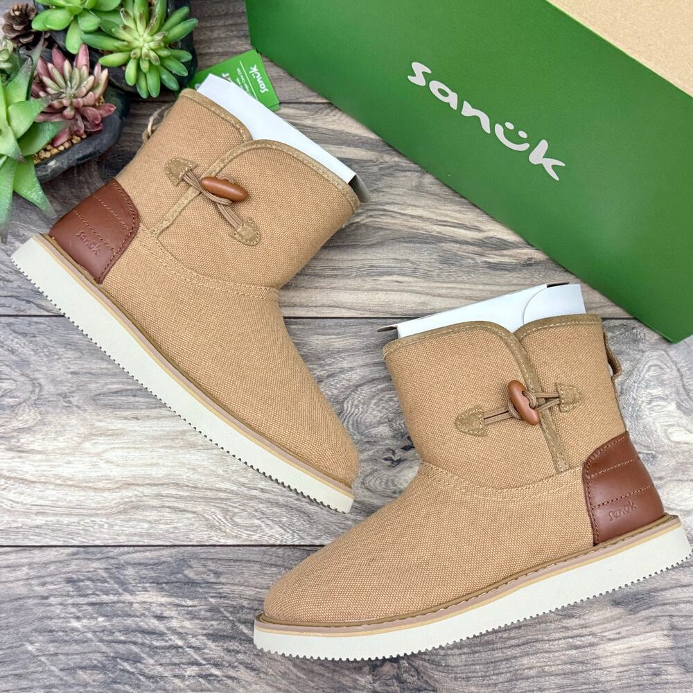 NIB Sanuk Cozy Vibe Surf Check SL Boots Ankle Booties 7 38 Tan